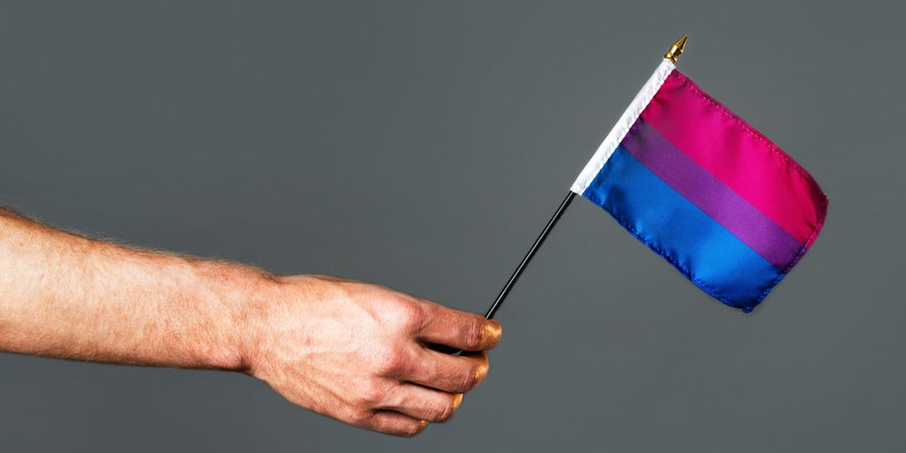 A hand holding a small bisexual pride flag