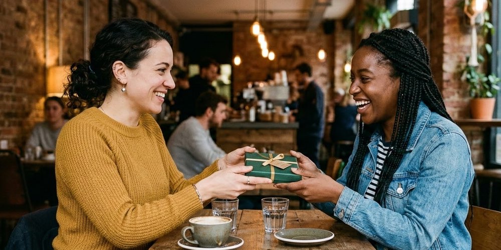 Two people giving and receiving a gift in a warmly lit cafe