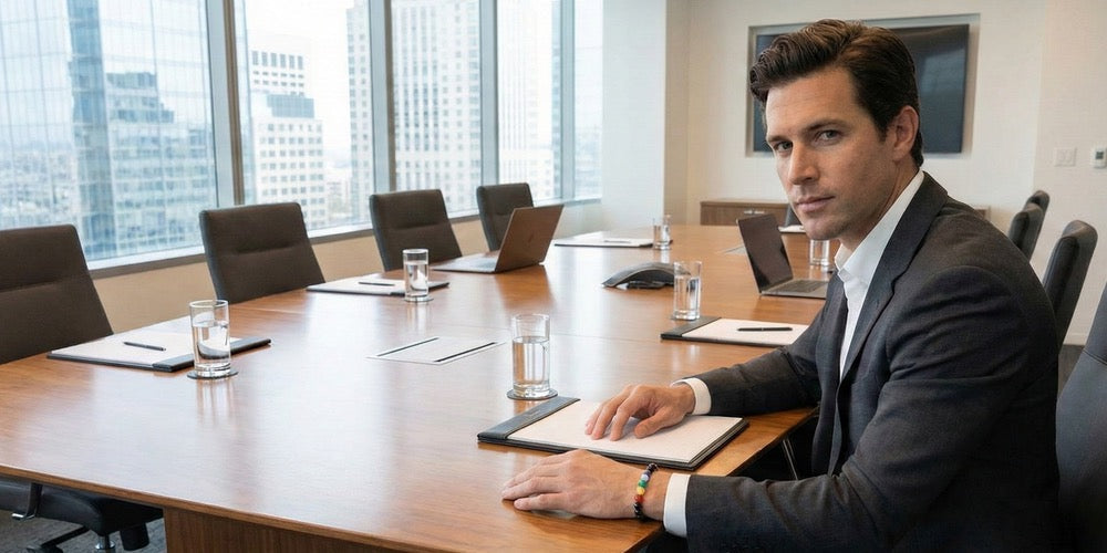 Man in a suit in a boardroom, wearing a rainbow bracelet