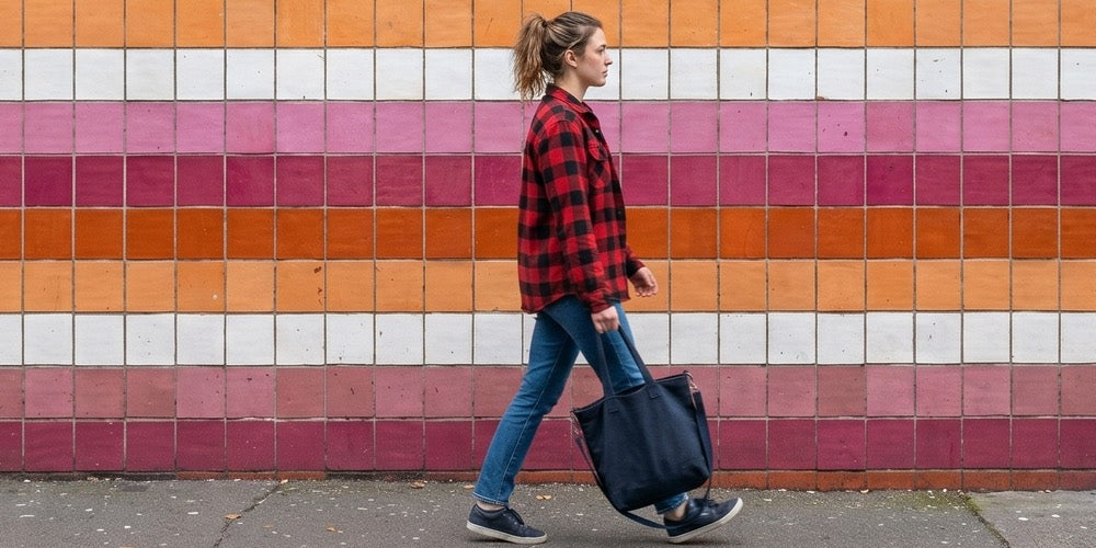 woman walking past tiled wall in lesbian flag colours