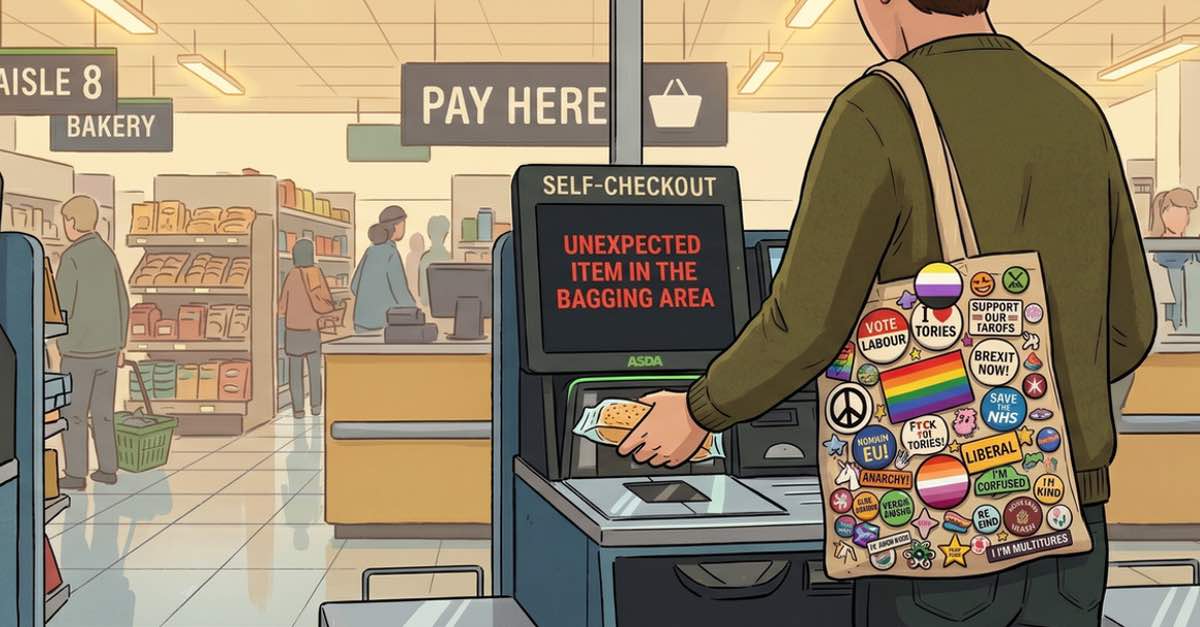 A person at a supermarket self-checkout, their tote bag covered in a chaotic mix of identity and political pin badges. The screen reads: "Unexpected item in the bagging area."