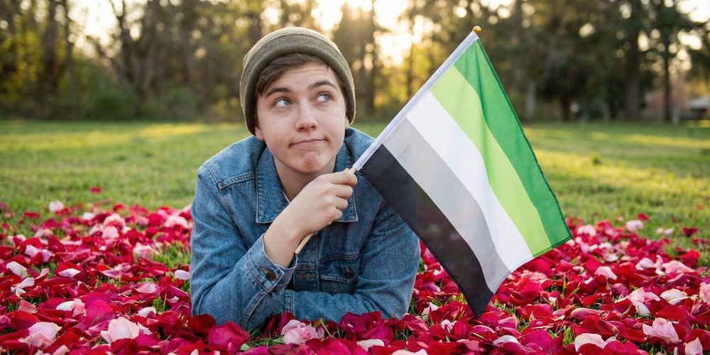 A young person in a park lying on a bed of red and pink roses, holding a small Aromantic pride flag