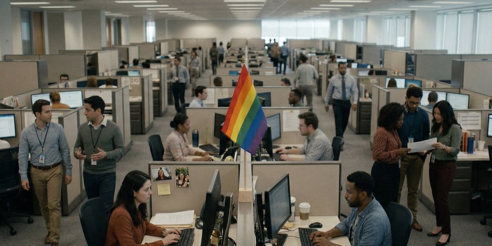 Busy office scene with a rainbow pride flag