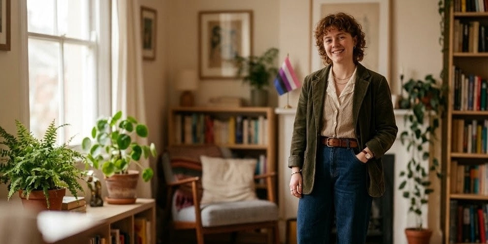 Genderfluid person in a softly lit room, relaxed