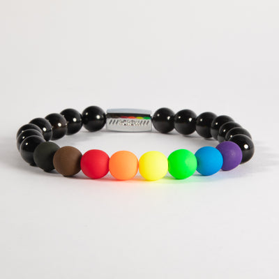 Diversity pride bracelet with rainbow, black and brown beads on black agate, 8mm, handmade by RCREW