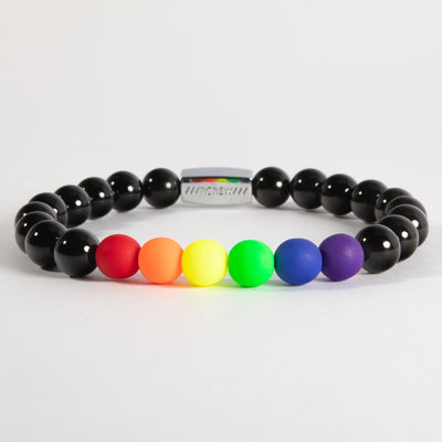 Bold gay pride bracelet with rainbow-coloured beads and black agate, 8mm