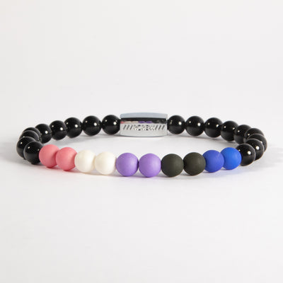 Genderfluid pride bracelet with pink, white, purple, black and blue beads on black agate, 6mm, handmade by RCREW