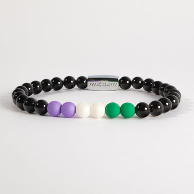 Genderqueer pride bracelet with lavender, white and green beads on black agate, 6mm, handmade by RCREW