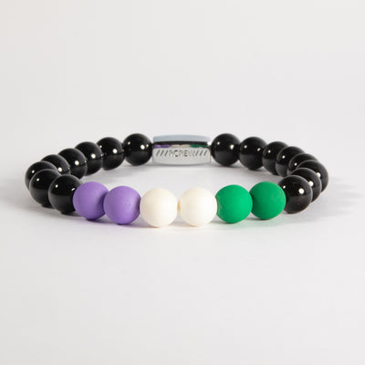 Genderqueer pride bracelet with lavender, white and green beads on black agate, 8mm, handmade by RCREW