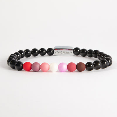 Lesbian pride bracelet with sunset orange, pink and white beads on black agate, 6mm, handmade by RCREW