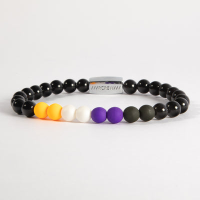 Non-binary pride bracelet with yellow, white, purple and black beads on black agate, 6mm, handmade by RCREW