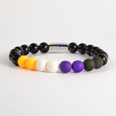 Non-binary pride bracelet with yellow, white, purple and black beads on black agate, 8mm, handmade by RCREW