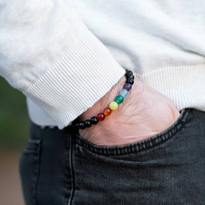 Wrist shot of rainbow gemstone bracelet