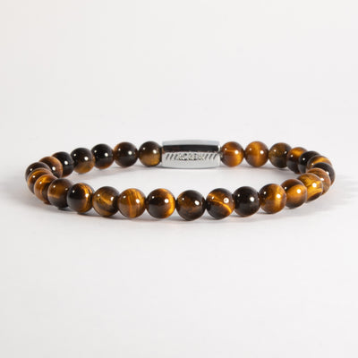 Tiger's eye semi-precious bracelet with natural golden brown gemstone beads on black agate, 6mm, handmade by RCREW
