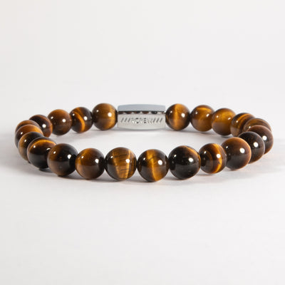 Tiger's eye semi-precious bracelet with natural golden brown gemstone beads on black agate, 8mm, handmade by RCREW