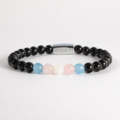 Trans pride bracelet with light blue, pink and white semi-precious gemstone beads on black agate, 6mm, handmade by RCREW