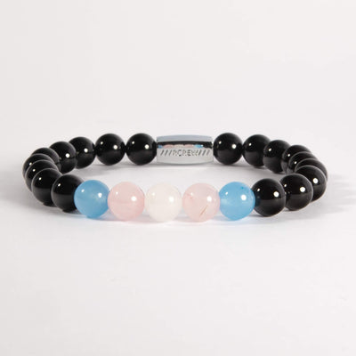 Semi-precious trans pride bracelet with rose quartz, white agate, and blue chalcedony gemstone beads, 8mm