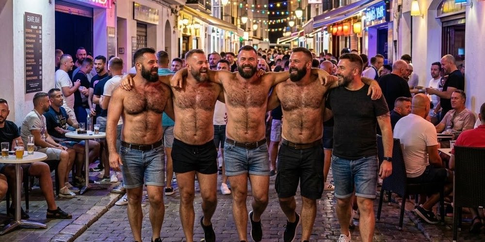 5 hairy gay men linking shoulders in a busy night scene