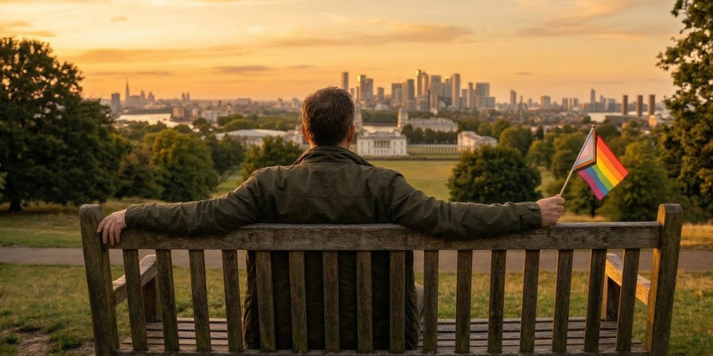 Man on a park bench in London holding a pride flag