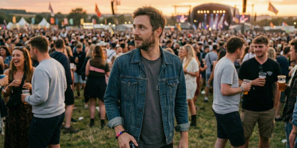 A man stands alone in a festival crowd at golden hour, a beaded bracelet visible on his wrist, scanning the crowd around him