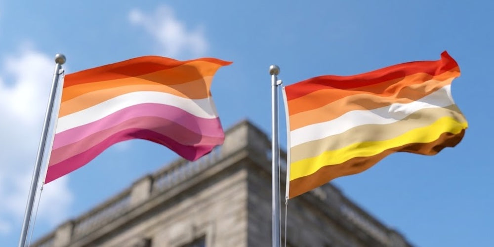 Lesbian pride flag colours: the sunset flag with orange, white and pink stripes