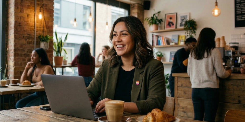 Woman in a cafe with a lesbian flag lapel pin