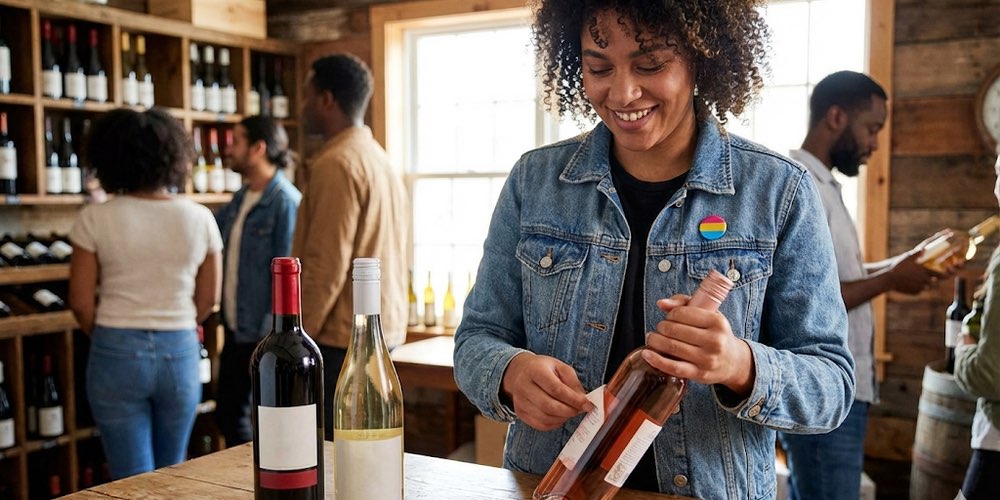 A pansexual person peeling off the label of a bottle of wine