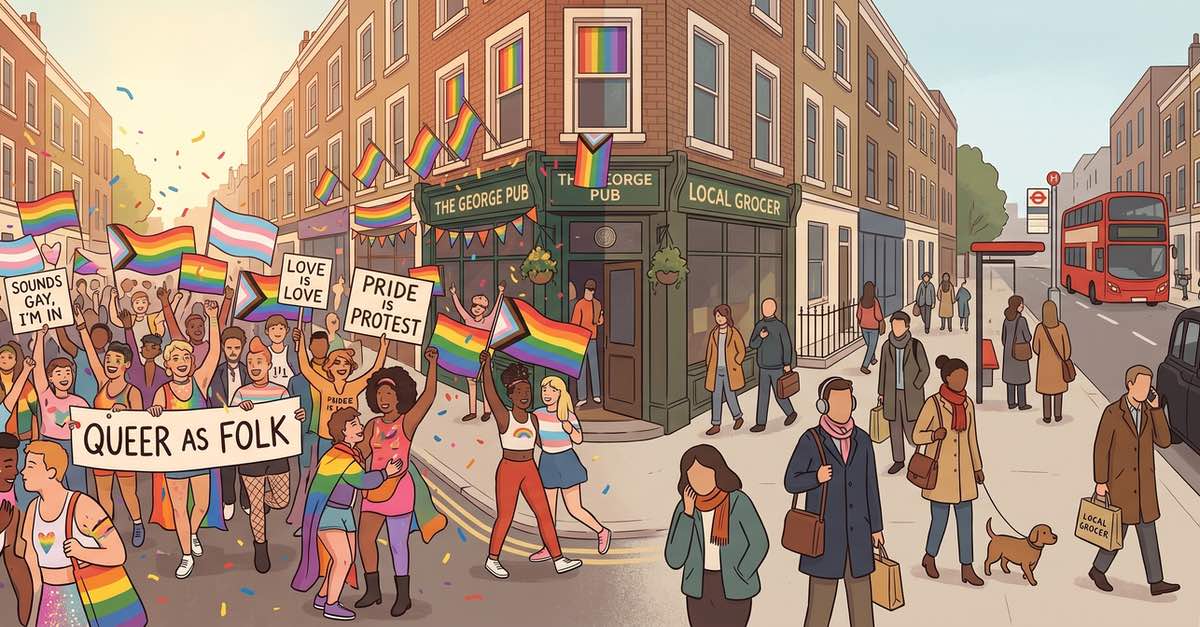 A British street scene blending a Pride march on the left with ordinary everyday life on the right, capturing the contrast between Pride visibility and daily life.
