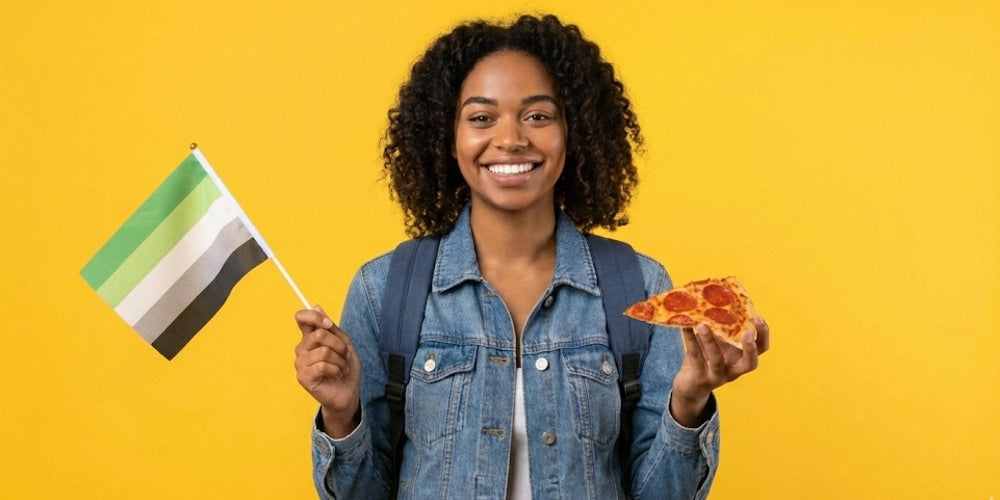 Girl holding an Aromantic pride flag in one hand and a slice of pizza in the other, on a bright yellow background