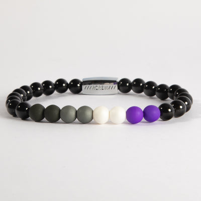 Asexual pride bracelet with black, grey, white and purple beads on black agate, 6mm, handmade by RCREW