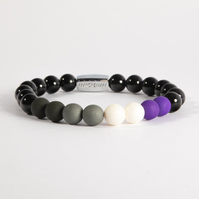 Asexual pride bracelet with black, grey, white and purple beads on black agate, 8mm, handmade by RCREW