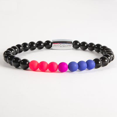 Bisexual pride bracelet with pink, purple and blue beads on black agate, 6mm, handmade by RCREW