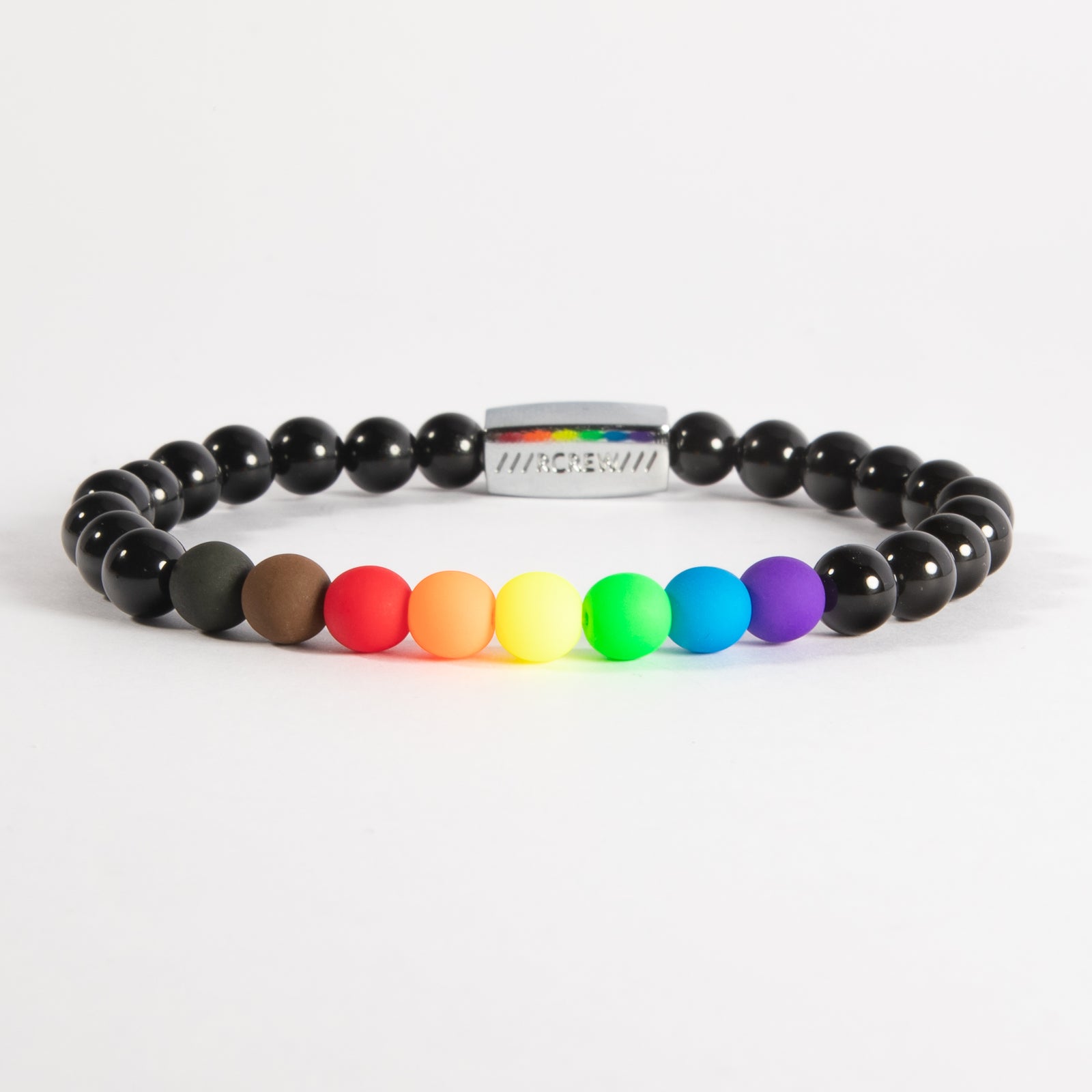 Diversity pride bracelet with rainbow, black and brown beads on black agate, 6mm, handmade by RCREW