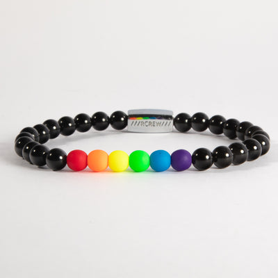 Bold gay pride bracelet with rainbow-coloured beads and black agate, 6mm