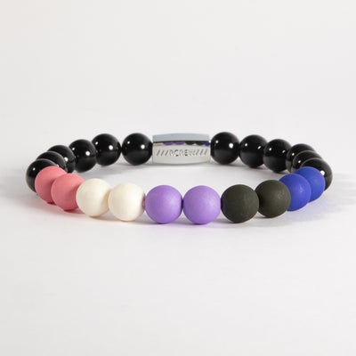 Genderfluid pride bracelet with pink, white, purple, black and blue beads on black agate, 8mm, handmade by RCREW