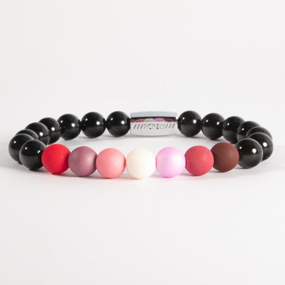 Lesbian pride bracelet with sunset orange, pink and white beads on black agate, 8mm, handmade by RCREW
