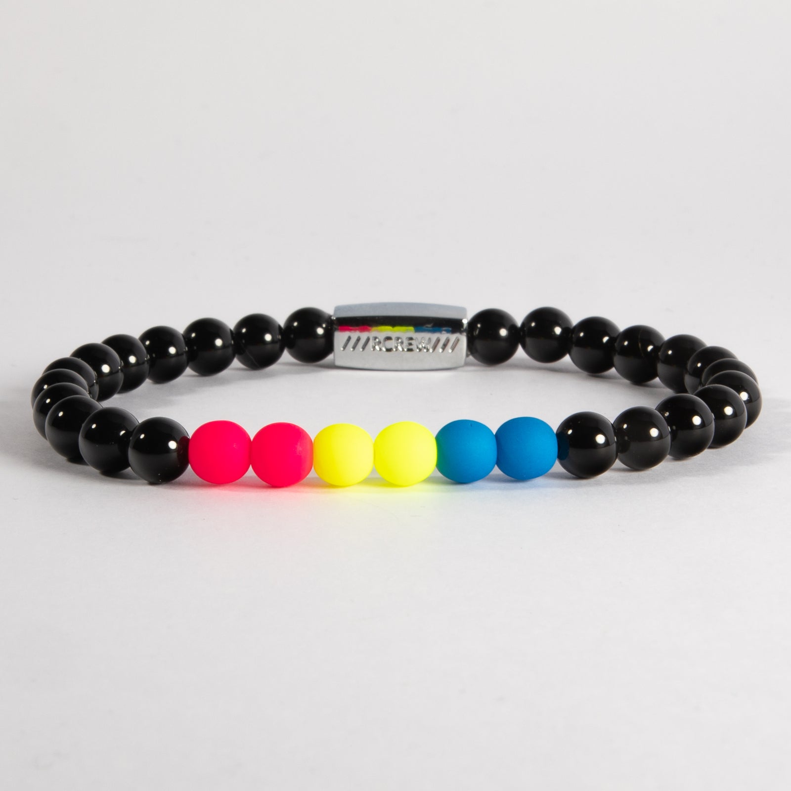 Pansexual pride bracelet with pink, yellow and cyan blue beads on black agate, 6mm, handmade by RCREW