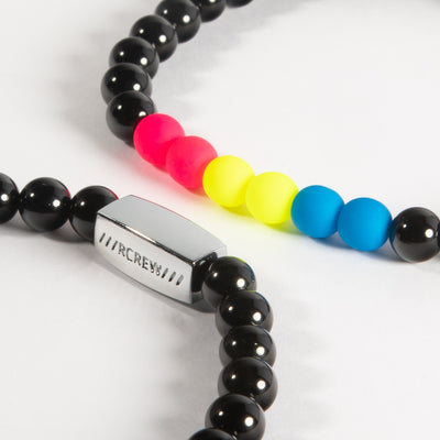 Close-up of pansexual pride bracelet showing pink, yellow and cyan blue beads and RCREW clasp, 6mm