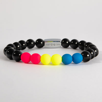 Pansexual pride bracelet with pink, yellow and cyan blue beads on black agate, 8mm, handmade by RCREW