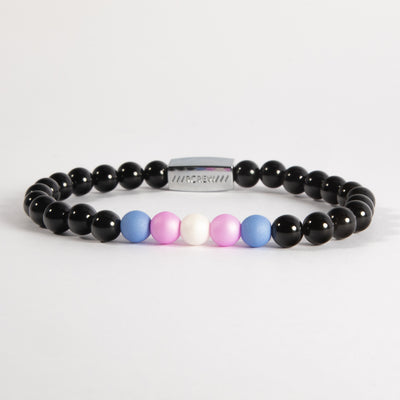 Trans pride bracelet with light blue, pink and white beads on black agate, 6mm, handmade by RCREW
