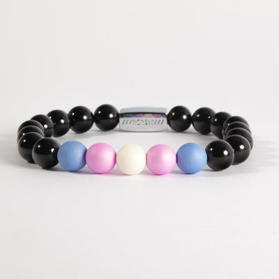 Trans pride bracelet with light blue, pink and white beads on black agate, 8mm, handmade by RCREW