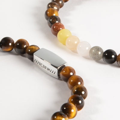 Close-up of bear pride semi-precious bracelet showing bear flag gemstone beads and RCREW clasp, 6mm