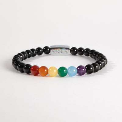 Gay pride bracelet with rainbow semi-precious gemstone beads on black agate, 6mm, handmade by RCREW