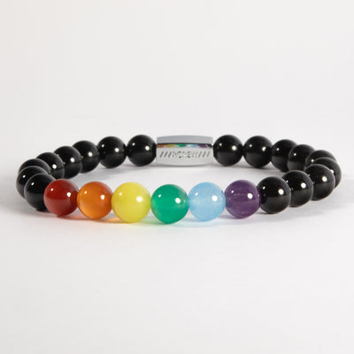 Gay pride bracelet with rainbow semi-precious gemstone beads on black agate, 8mm, handmade by RCREW