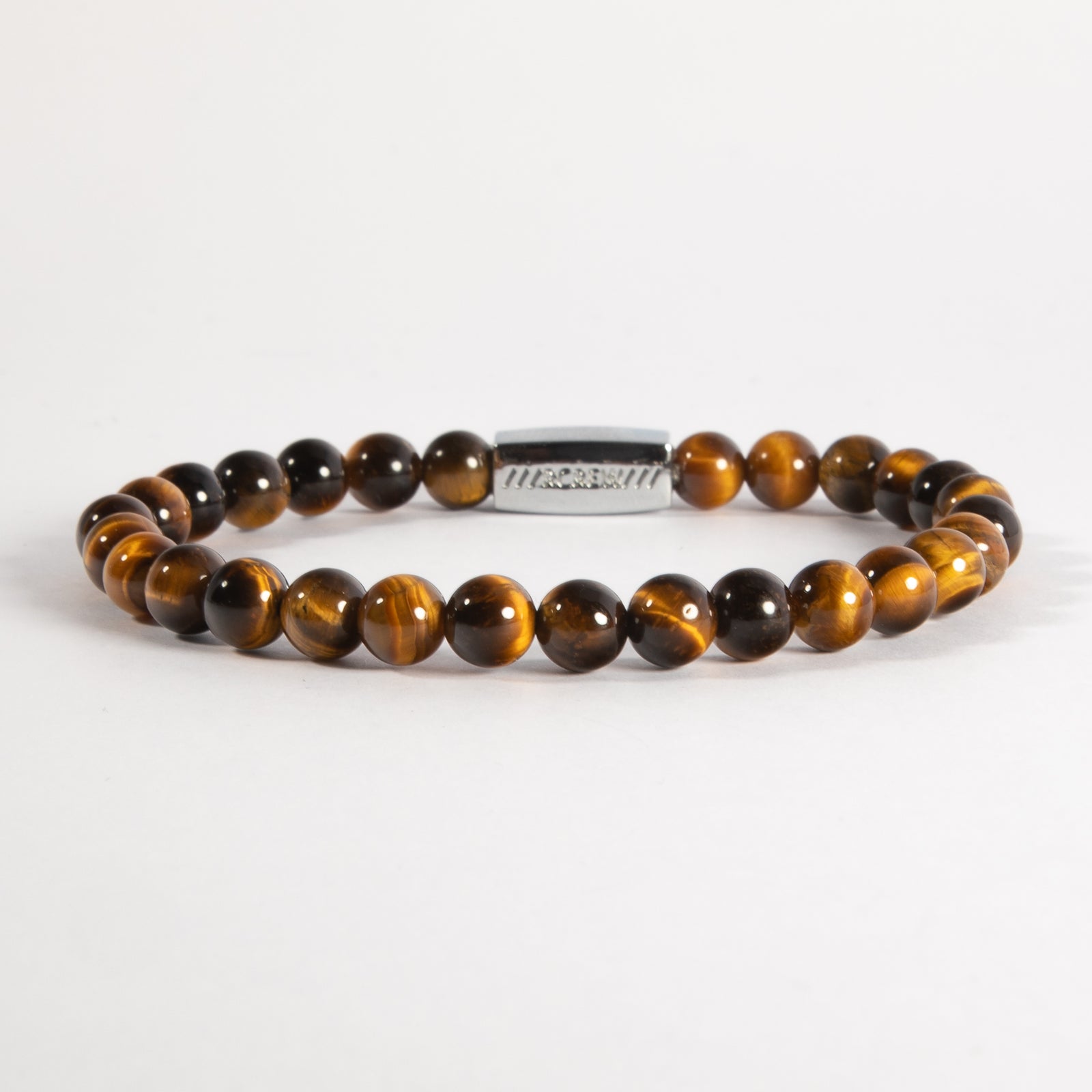 Tiger's eye semi-precious bracelet with natural golden brown gemstone beads on black agate, 6mm, handmade by RCREW