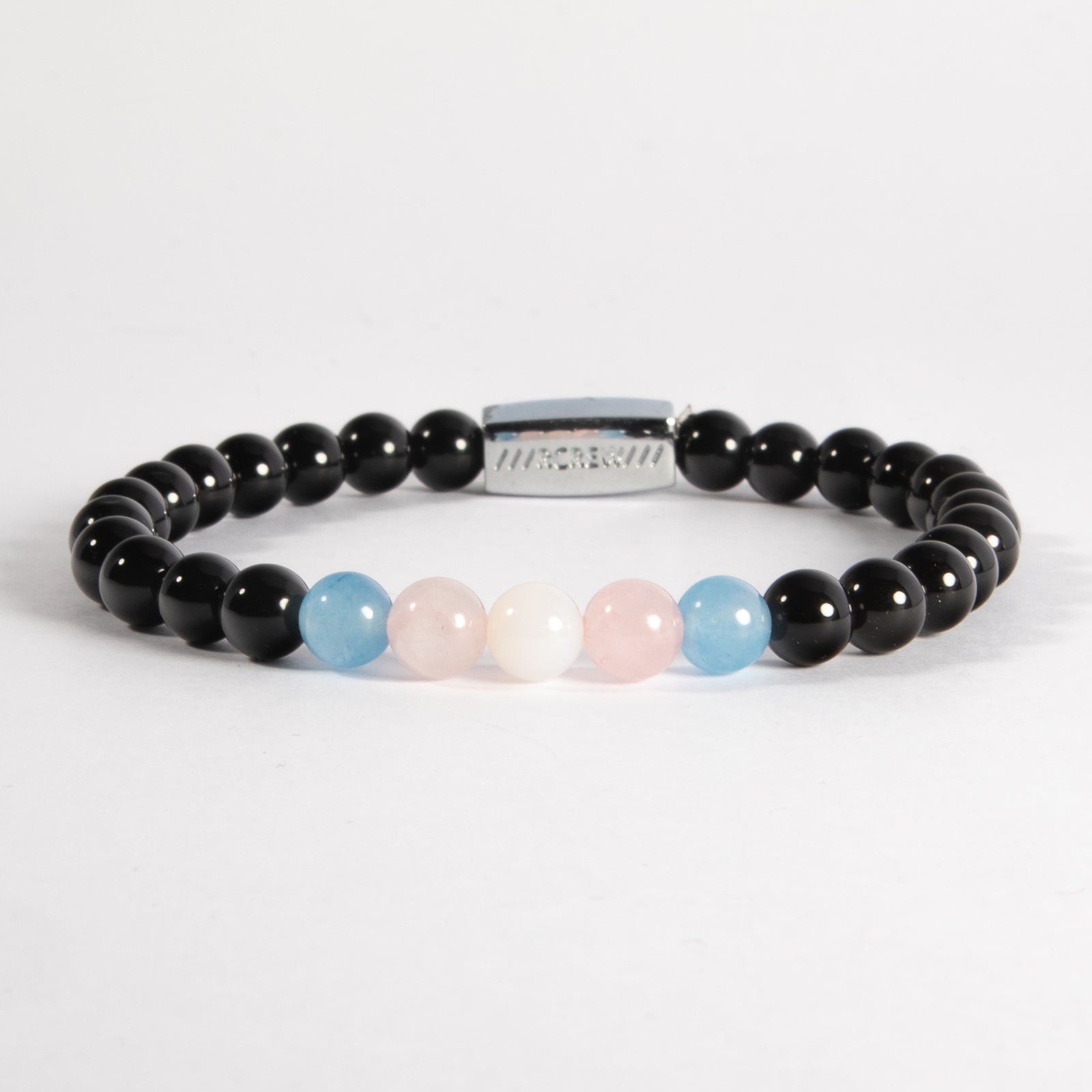 Trans pride bracelet with light blue, pink and white semi-precious gemstone beads on black agate, 6mm, handmade by RCREW