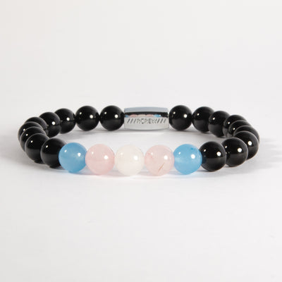 Trans pride bracelet with light blue, pink and white semi-precious gemstone beads on black agate, 8mm, handmade by RCREW