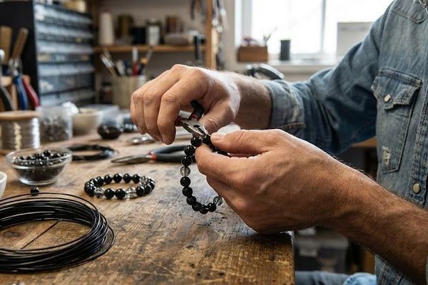 Person working on a bracelet in a workshop setting